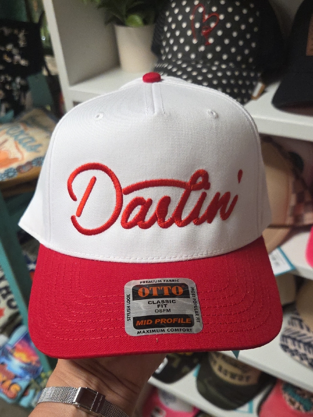 White and Red 'Darlin' Script Baseball Cap